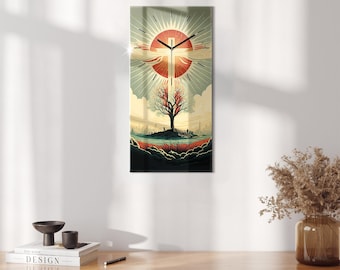 Kreuz Sonne und Baum Rechteckige Uhr, Bunte Glas Wanduhr, Moderne Wanduhr, Christliche Wohnkultur, gehärtete Glasuhr