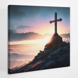 Cross on Golgotha Religious Christian Wall Decoration, Blue Christian Canvas Wall Art, Religious Canvas Painting, Christian Gifts