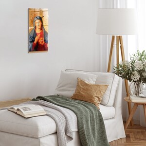 Portrait of Mary, Mother of God Glass Wall Clock, Golden Rectangular Clock, Tempered Glass Clock, Christian Gifts, Hanging Clock
