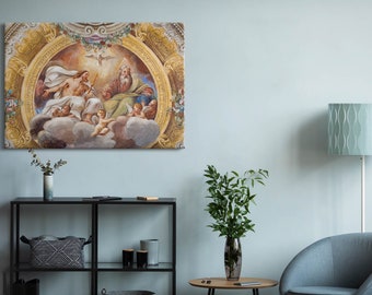 Può includere: Un dipinto di una scena religiosa con una cornice dorata. Il dipinto raffigura un uomo con la barba e una corona seduto su un trono con una colomba sopra di lui. Ci sono angeli che lo circondano.