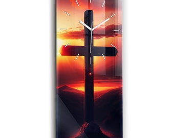 Reloj de pared de cristal con cruz y puesta de sol, reloj rectangular rojo, reloj minimalista, regalos cristianos, reloj de pared moderno
