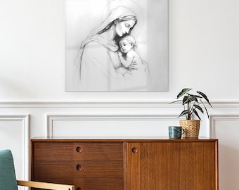 Mutter Gottes mit Jesuskind, religiöse Glaskunst, christliche Glasmalerei, christliche Wandkunst, christliche Wanddekoration