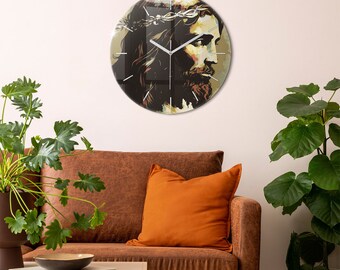Jesus Christus Illustration Druck Uhr, Braun gehärtetes Glas Uhr, moderne Wanduhr, Christliche Wohnkultur, Hängeuhr