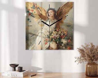 Frau Engel und Blumen gehärtetes Glas Uhr, bunte Druckuhr, Hängeuhr, christliche Geschenke, Wanduhr