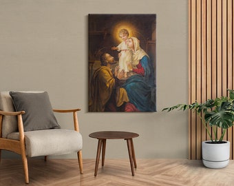 Heilige Familie mit Jesus Christliche Wandkunst, Braune Religiöse Leinwand Kunst, Christliche Leinwandmalerei, Christliche Wanddekoration
