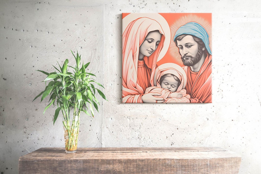 Illustration of the Holy Family Christian Wall Art, Orange Religious ...
