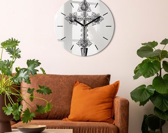 Zeichnung des Heiligen Kreuzes Druckuhr, Schwarz-Weiß-Uhr aus gehärtetem Glas, Wanduhr, christliche Dekoration, minimalistische Uhr