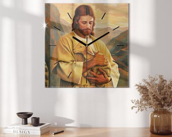 Jesus Herr und Schafe Druckuhr, Bunte gehärtete Glasuhr, Wanduhr, Christliche Wohnkultur, Minimalistische Uhr