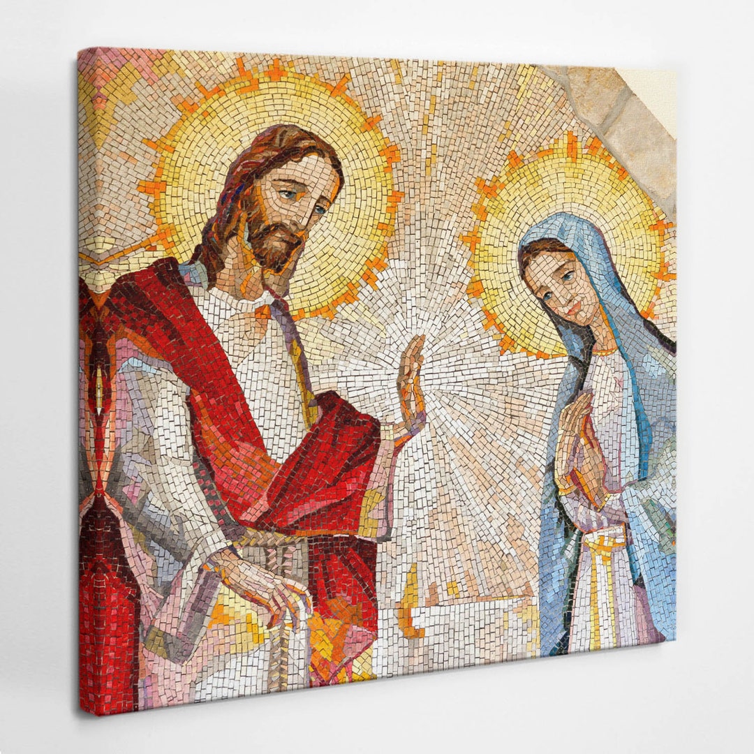 Mosaic Jesus and Mary Christian Wall Art, Beige Religious Canvas Art ...