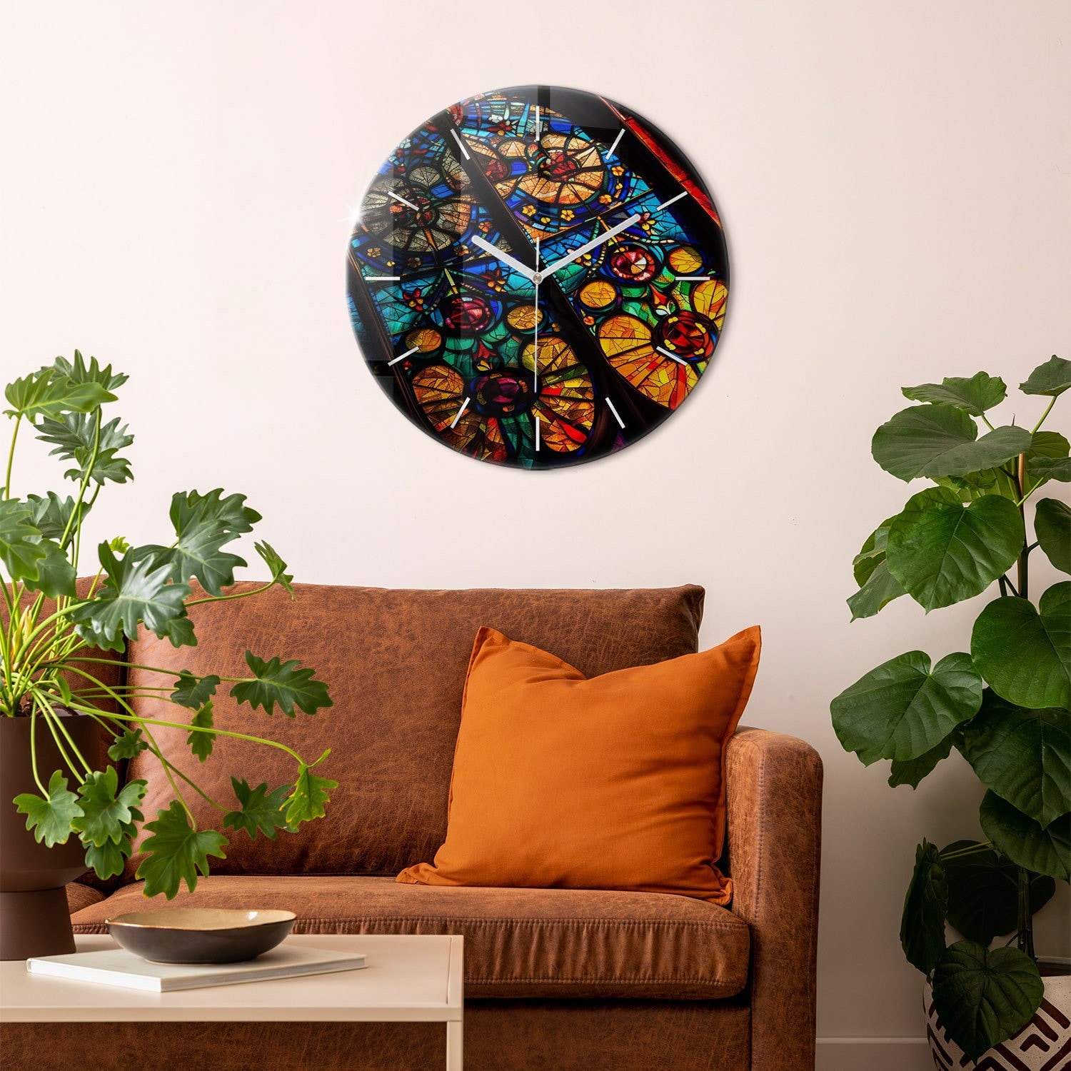 ステンドグラス　パネル時計 Colorful Stained Glass Window Print Clock, Colorful Tempered Glass