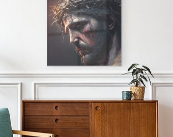 Jésus pleurant dans la couronne d'épines, art religieux des icônes, peinture religieuse sur verre, art mural chrétien sur verre, décoration murale chrétienne