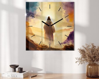 Jesus heilige Illustration Druckuhr, Beige gehärtete Glasuhr, Wanduhr, christliche Wohndekoration, minimalistische Uhr