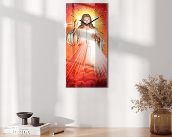 Reloj de pared de cristal con Jesucristo misericordioso, reloj rectangular rojo, reloj minimalista, regalos cristianos, reloj de pared moderno