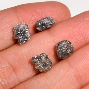 Può includere: Quattro piccoli diamanti grezzi e non tagliati, con un aspetto grigio scuro, metallico e cristallino. Ogni pietra presenta una forma irregolare e frastagliata con una superficie ruvida e strutturata che riflette la luce sulla sua struttura minerale naturale sfaccettata.