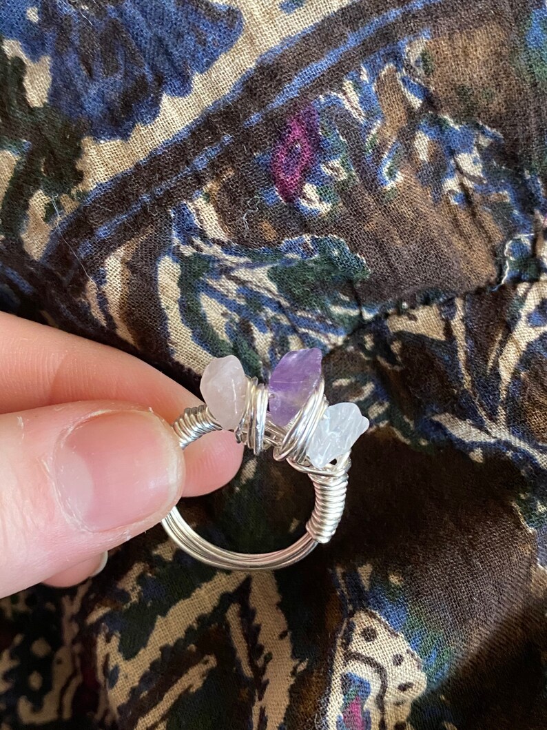 3 Crystal Bead Silver Wire Ring