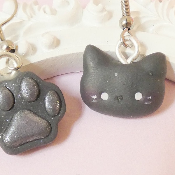 Boucles d'oreilles chat noir - boucles d'oreilles patte - boucles d'oreilles pendantes fimo - boucles d'oreilles mignonnes en pâte polymère - boucles d'oreilles kawaii