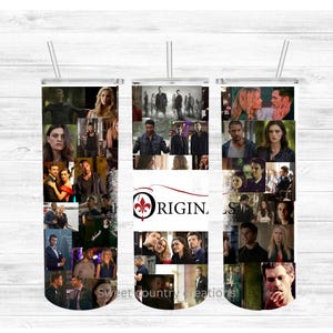 May include: A stainless steel tumbler with a collage of images and the word "ORIGINALS" with a crest logo. The tumbler has a white background and a clear straw. The images are of various people.