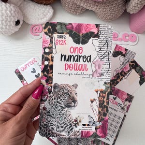 Può includere: Una collezione di biglietti decorativi con stampa leopardata, floreale e a farfalla. Le carte presentano il testo "One Hundred Dollar Savings Challenge" e "Sweet Rose & Co."