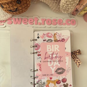 Könnte beinhalten: Ein rosa-weißer Planer mit einer "Geburtstags-Spar-Challenge"-Karte. Der Planer hat eine Schleife mit Leopardenmuster und dekorative Elemente wie Kirschen, Lippen und einen Teddybären. Der Text "sweet.rose.co" ist sichtbar.