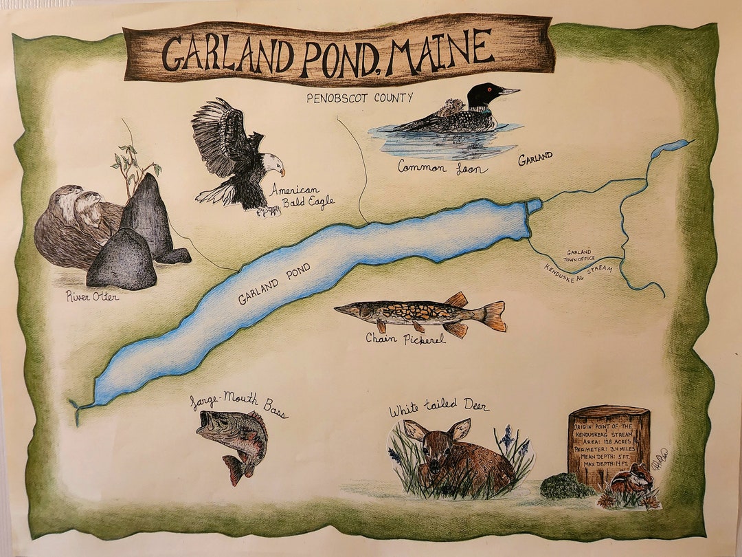 Garland Pond Maine Handillustrated Map Etsy