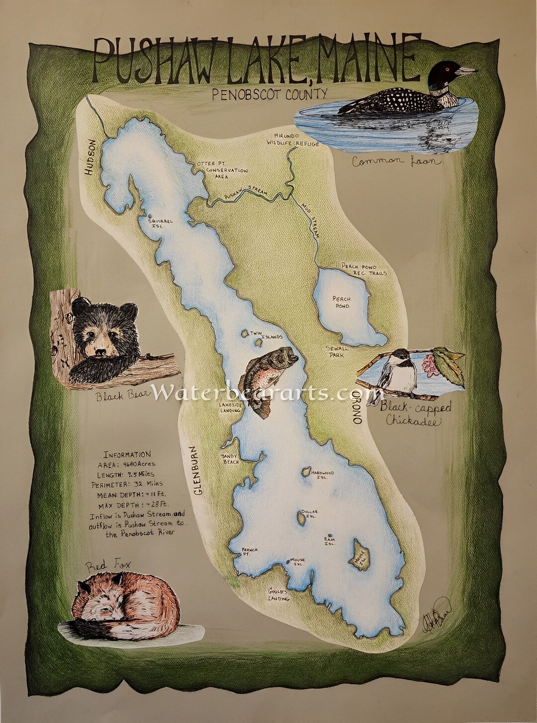 Pushaw Lake Maine Handillustrated Map Etsy