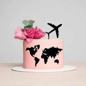 Voyage de gâteau svg, svg de charme de gâteau de carte du monde, gâteau d'anniversaire SVG, svg de topper d'avion, téléchargement immédiat, svg glowforge.