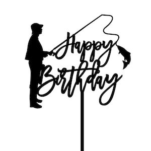 Pêche joyeux anniversaire Cake Topper SVG coupe fichier, fichier découpé au laser, téléchargement immédiat, SVG, fichier Glowforge.