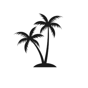 May include: Silhouette of two palm trees with black trunks and green fronds against a white background.