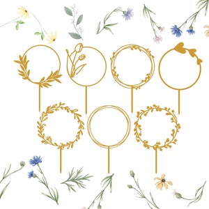 Hochzeit Cake Topper Bundle svg, Geburtstagsstecker svg, Blumenkranz Rahmen svg, Kranz Kuchen Topper svg, Tortenstecker Laser, Kreisrahmen svg