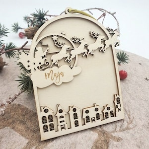 Santa Sleigh Town Arch Ornament, Laser Cut Files, Glowforge SVG , Laser Christmas Files SVG, 3D Wood Ornaments, Wood and Acrylic Cut File