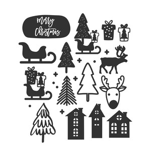 May include: Black and white illustration of Christmas elements including a sleigh, reindeer, houses, and Christmas trees. The text "Merry Christmas" is written in a handwritten font.