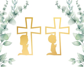 祈る少女と少年の十字架 SVG：洗礼、洗礼式、聖体拝領（デジタルファイル）