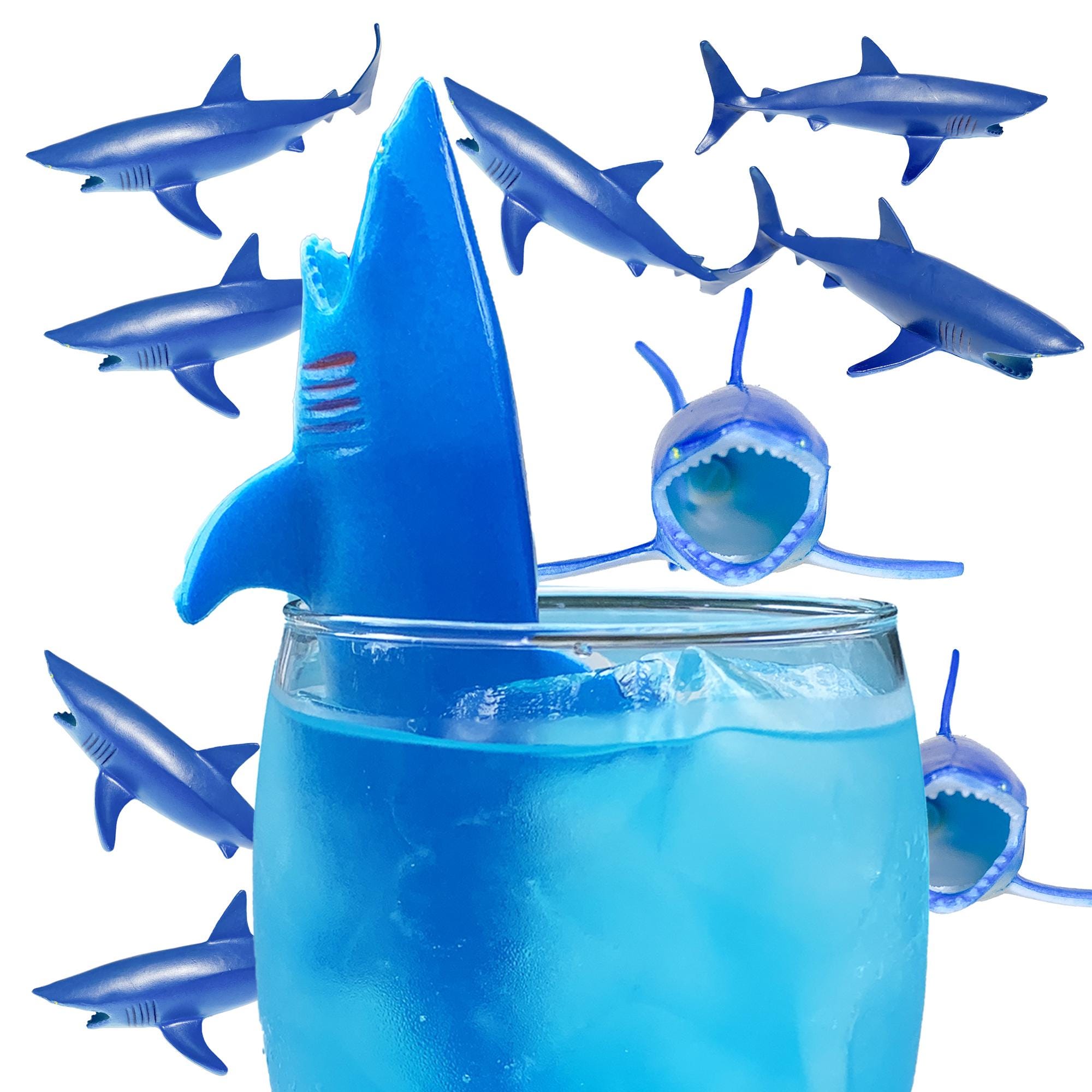 12 - Plastic Sharks for Drinks - Great Shark Decor for Shark
