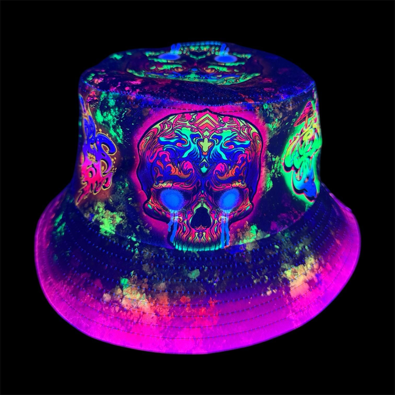 Bucket Hat Watercolor Gothic Skull Holiday Party UV Sun Bucket Hat Skull Bucket Hat UV Reactive Glow-in-the-dark Style for  main image 3