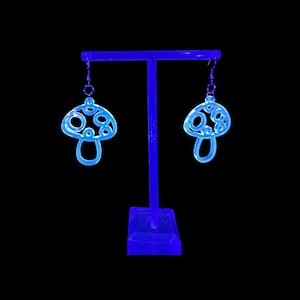 Blue Mushroom Earrings UV Reactive - Jewelry for Ravers & Music Festival Lovers