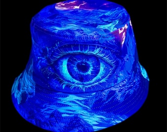 Sombrero de pescador Third Eye con diseño que brilla en la oscuridad y es reactivo a los rayos UV para festivales de música.