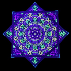 Puede incluir: Un vibrante diseño de mandala geométrico en tonos morados, azules, verdes y amarillos sobre un fondo negro. El diseño presenta patrones intrincados y un centro en forma de estrella, creando una imagen simétrica y llamativa.