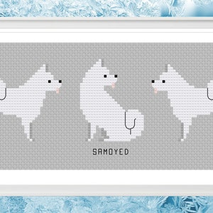 May include: A cross-stitch pattern featuring three white Samoyed dogs in different poses. The pattern is on a gray background and includes the word "SAMOYED" at the bottom.