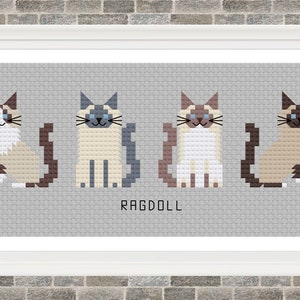 May include: Cross stitch pattern featuring four Ragdoll cats in a row. The cats are white with brown and gray markings. The pattern is on a gray background with the word "RAGDOLL" printed below the cats.