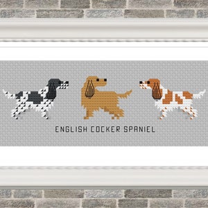 Könnte beinhalten: Ein gerahmtes Kreuzstich-Design mit vier English Cocker Spaniels in verschiedenen Farben und Mustern. Der Text "ENGLISH COCKER SPANIEL" ist unter den Hunden gedruckt.
