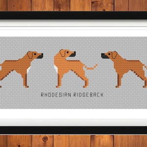May include: A framed cross-stitch design featuring three brown and black Rhodesian Ridgeback dogs. The text "Rhodesian Ridgeback" is printed below the dogs.