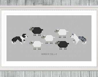 Border Collies Sheep Herding - Tiny Dog Breed Cross Stitch Pattern - Digital Download PDF