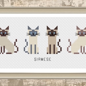 May include: Cross stitch pattern featuring four Siamese cats in a row, with the word "SIAMESE" below them.