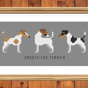 May include: A cross-stitch pattern featuring five Smooth Fox Terriers in different poses. The dogs are white with black and brown markings. The pattern is on a gray background and includes the text "SMOOTH FOX TERRIER".