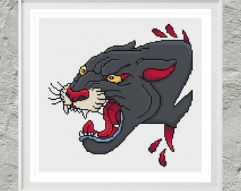 May include: A black panther head with a red mouth and yellow eyes, in a traditional tattoo style. The panther is shown with a red dripping effect.