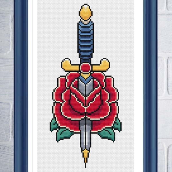 American Traditional Rose and Dagger - Tattoo Cross Stitch Pattern - Digital Download PDF