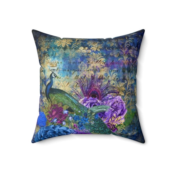 Peacock Tapestry Style Square Pillow, 14x14, 16x16, 18x18 inches, Grandmillennial home decor, Retro Glam Pillow, new apartment gift