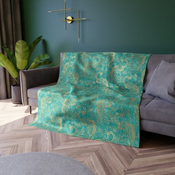 Elegant Throw Blanket Turquoise and Gold Crushed Velvet Blanket
