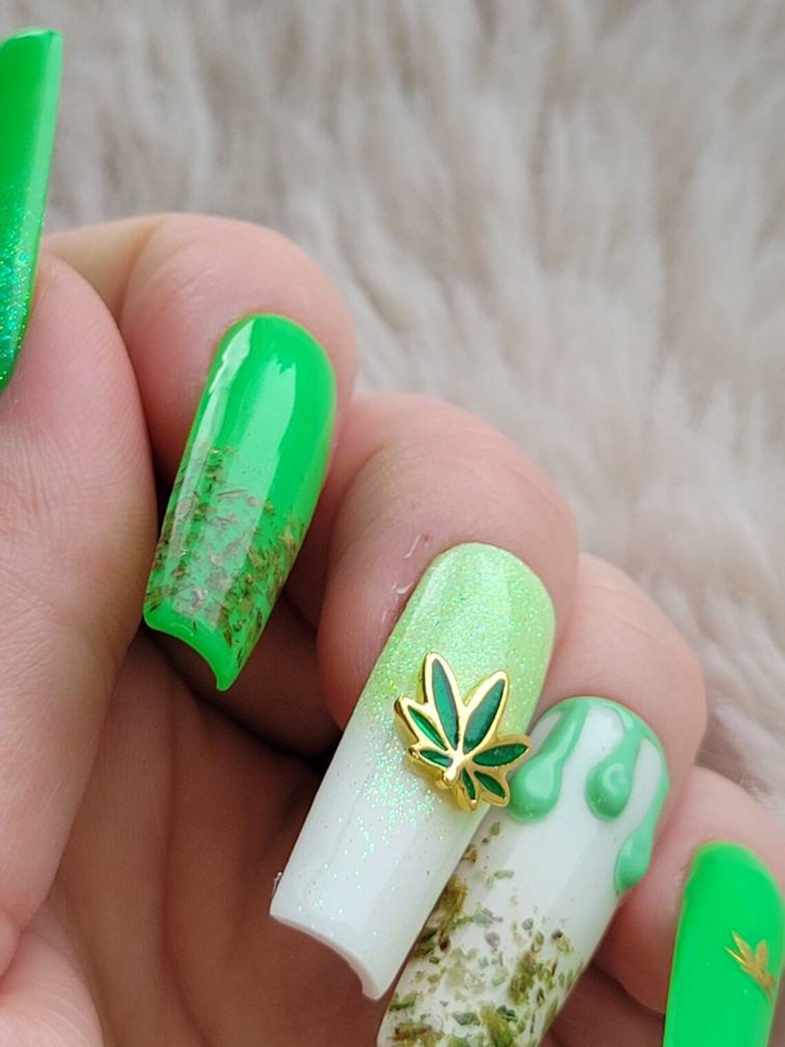 420 Press On Nail Set Cannabis Green Nails Sparkle Etsy