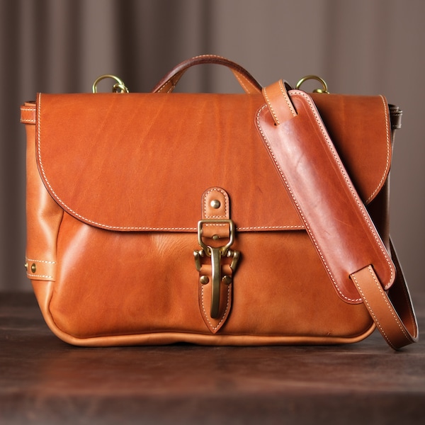 15″ Tan - Cognac Leather Satchel, Messenger Bag. An elegant version of the Classical U.S. Mailbag design for everyday carry.